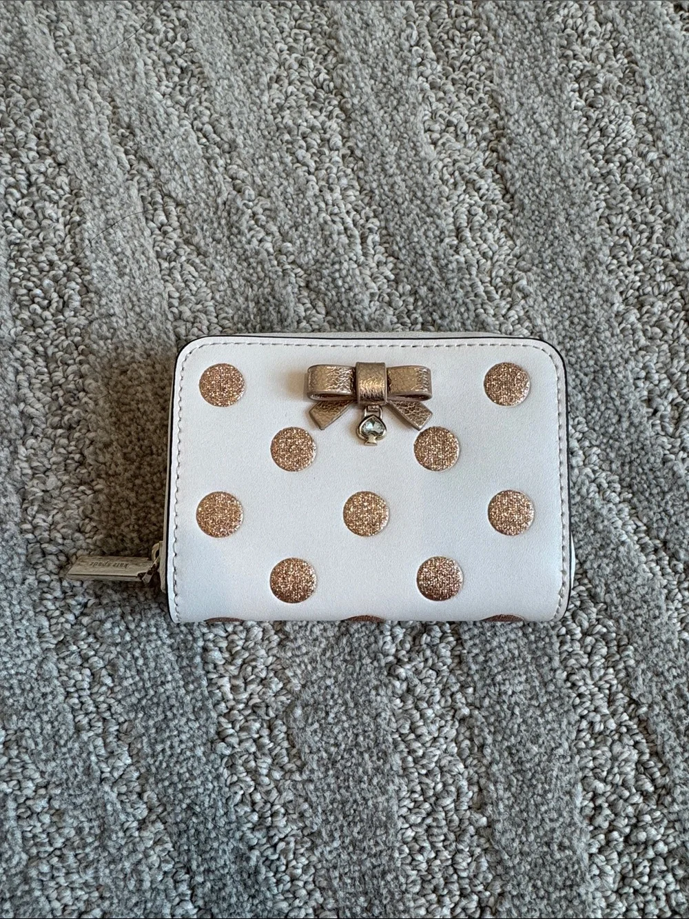 kate spade White Wallet with Rose Gold Glitter Polka Dots and Metallic Bow